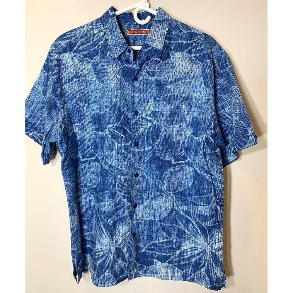 Havanera Shirt Mens Large Hawaiian Linen Blend Blue Short Sleeve‎ Tropical Print